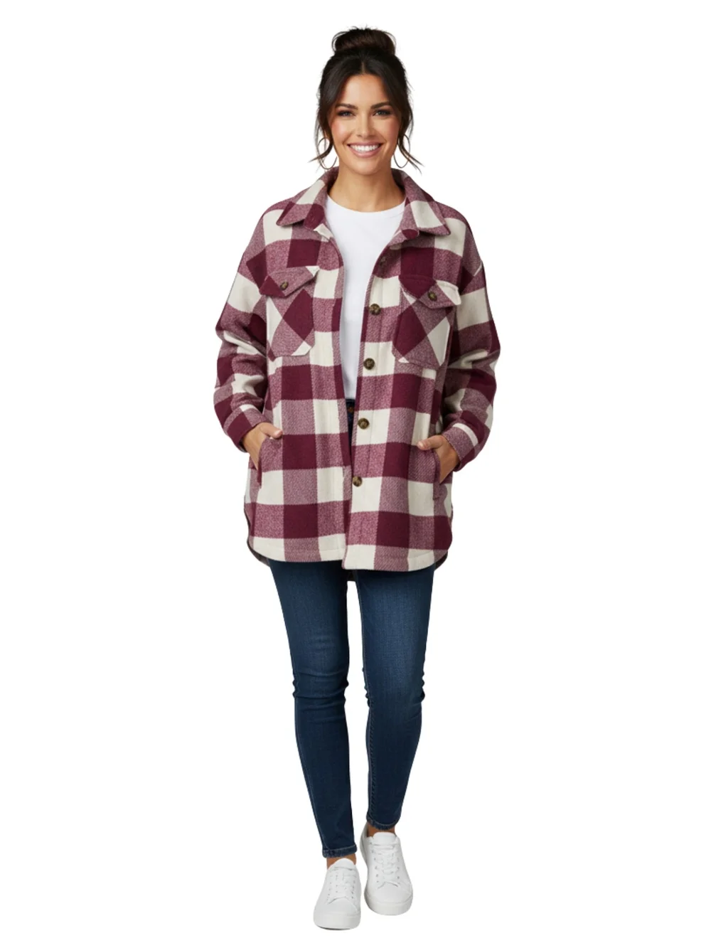 Plaid Utility Jacket in Burgundy & Cream